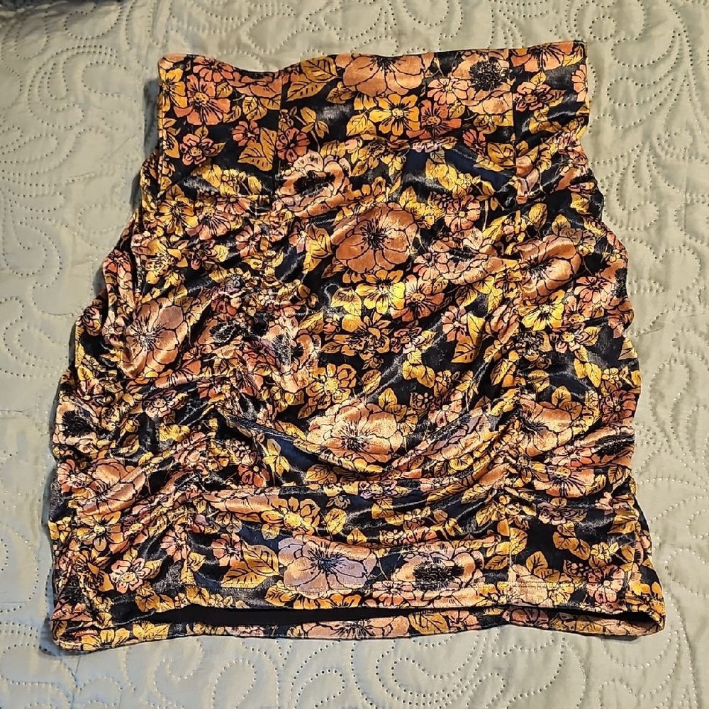 Free People Gigi Mini Printed Ruched Front Skirt in Dark Copper/ Black Color